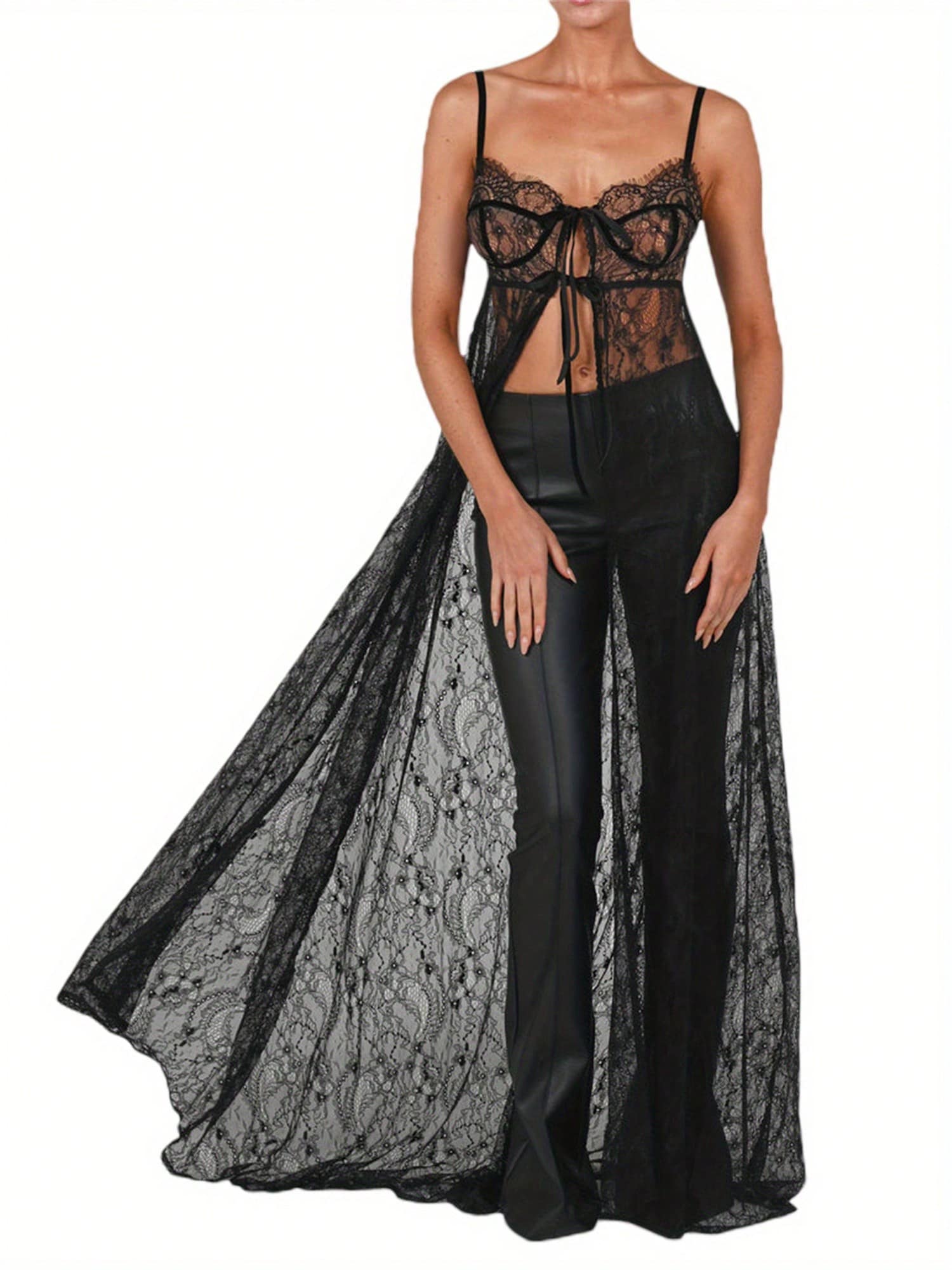 Women's See Through Mesh Sheer Lace Patchwork Maxi Dress Ruffle Backless Bikini Cover--Ups Dress - Black - View 1