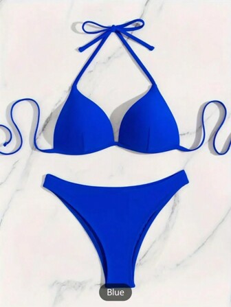 New Arrival Solid Color Sexy Women Halter Bikini Two-Piece Swimwear Set, For Summer Beach Vacation