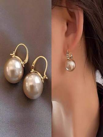 1 Pair Minimalist Vintage French Style Elegant Faux Pearl Women Hoop Earrings