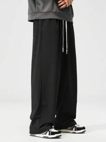 Plus Size Straight Leg Black Knit Casual Pants, Suitable For Spring And Summer