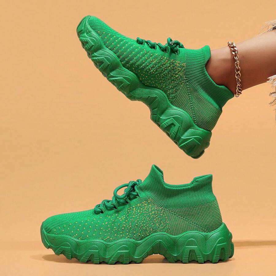 Women's Simple Plain Lace-Up Low Top Sock Sneakers, Summer 2024 Casual Comfortable Breathable Lightweight Sports Running Shoes - màu xanh lá - Xem 1