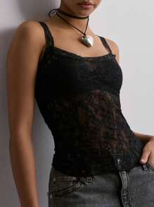Women Camisoles Sleeveless Lace See-Through Casual Tank Tops Summer Casual Tops Streetwear - màu đen - Xem 4