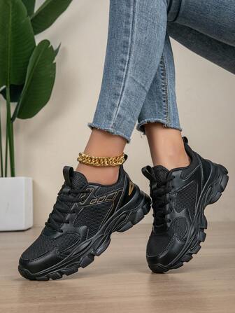 Women's Black Spring/Summer Fashion Round Toe Lace-Up Breathable Mesh & Leather Shoes, Comfortable Soft Bottom Thick Sole Casual Sneakers