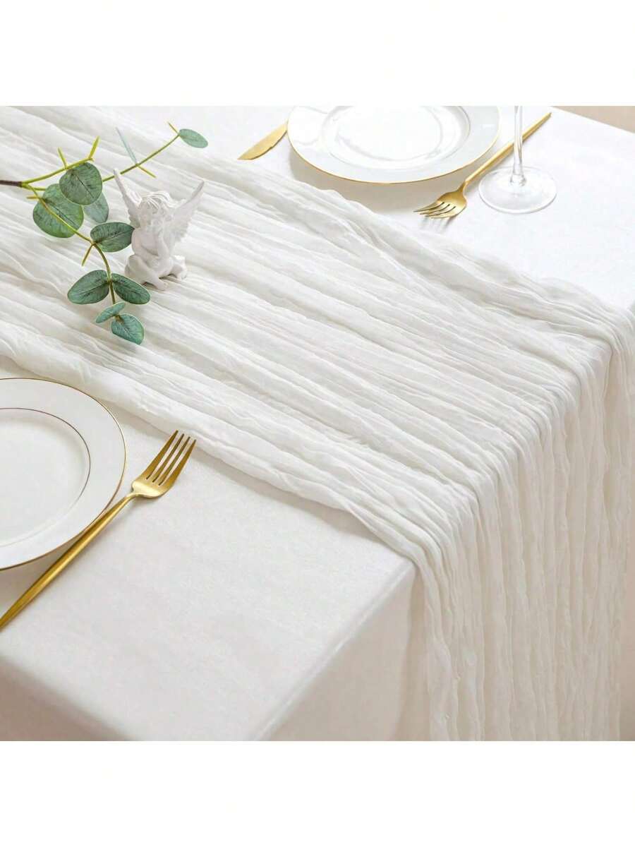 1pc Cheesecloth Table Runner-White, Boho Style Long Gauze Romantic Table Runner For Wedding Reception Bridal Shower Holiday Thanksgiving Birthday Party Table Dining Room Dresser Decor, Mother's Day Decor, Home Decor, Scene Decor - White - View 1
