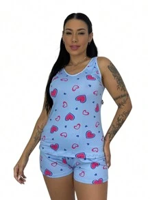 Women's Adult Printed Suede Tank Top And Bermuda Pajamas - Baby Blue - View 1