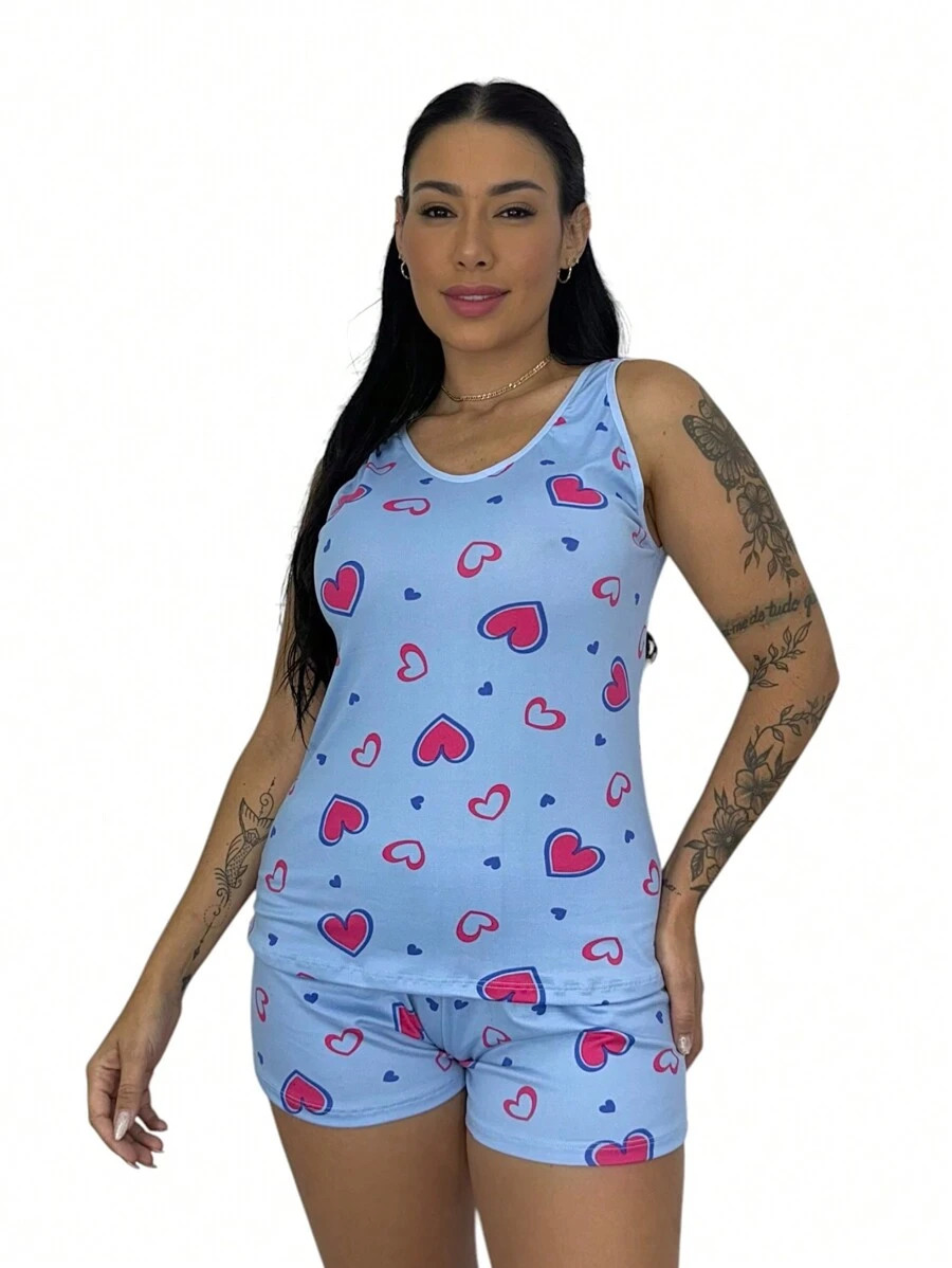 Women's Adult Printed Suede Tank Top And Bermuda Pajamas - Baby Blue - View 1