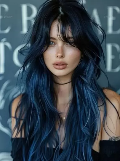 多色合成假发带刘海黑色混合蓝色长自然卷发假发适合女性日常派对角色扮演假发适合女孩