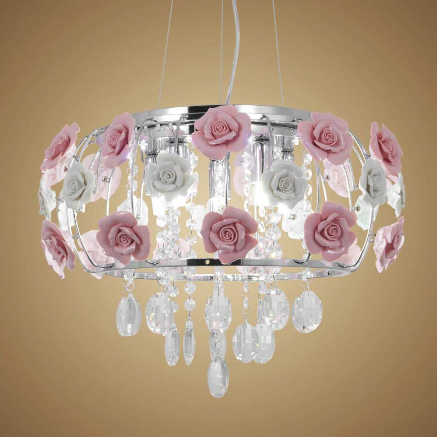Retro European Style Pink Rose Crystal Chandelier - Silver - View 1