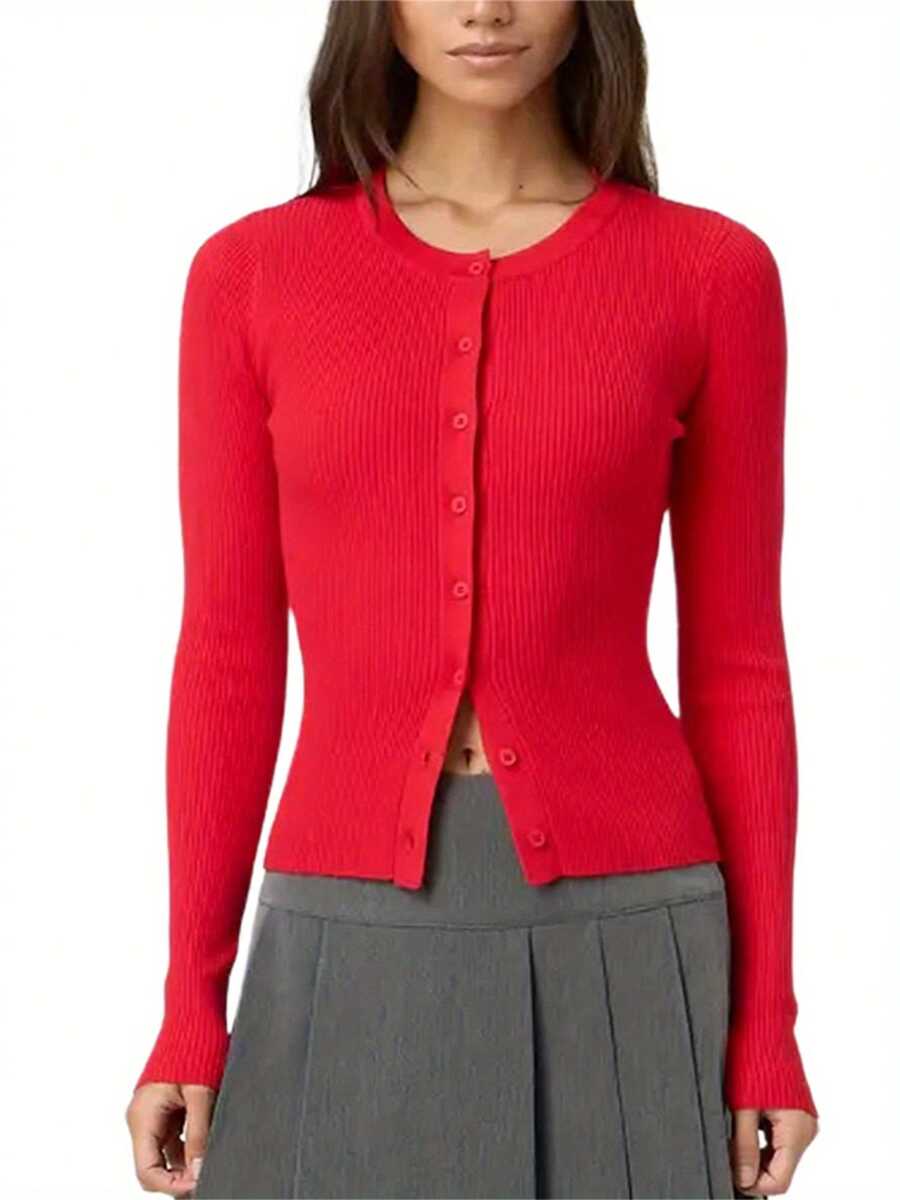 Women's Autumn Sweater Cardigan Solid Color Long Sleeve Round Neck Button Up Ribbed Knitwear - Red - View 1