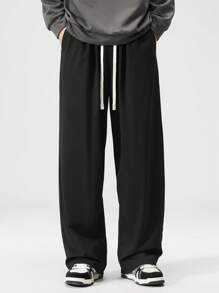 Plus Size Straight Leg Black Knit Casual Pants, Suitable For Spring And Summer