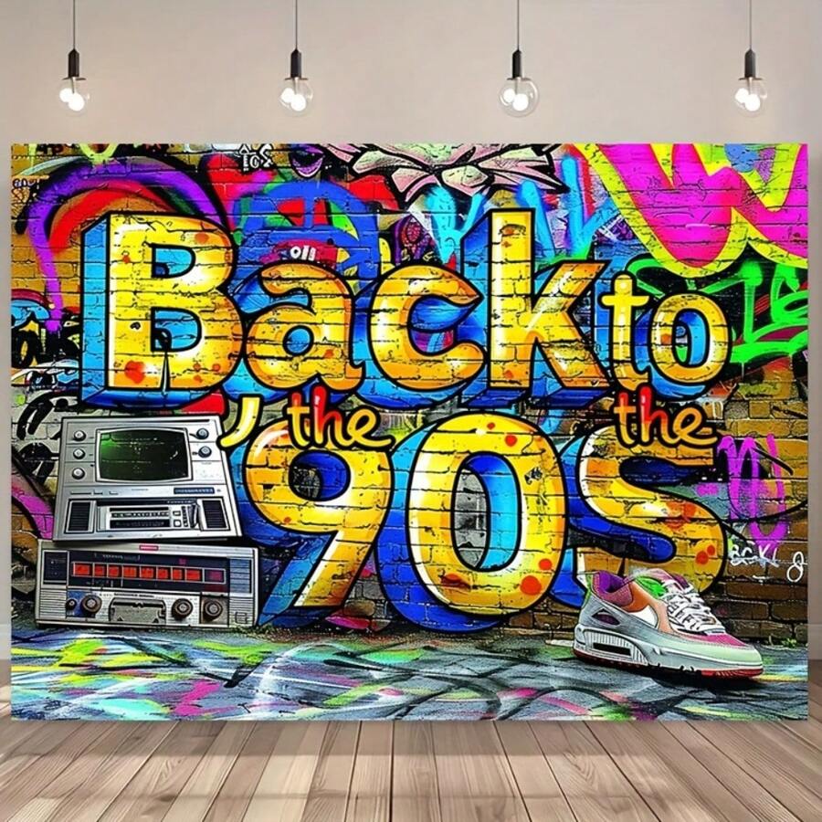 1pc "Back To The 90s" Graffiti Street Art Theme Photography Backdrop, Made Of Polyester Fabric, Retro Cartoon Elements, Single-Sided Printing, Suitable For Photo Studio, Living Room, Outdoor Decoration, Seasonal Celebrations, No Power Required - 1 - View 1