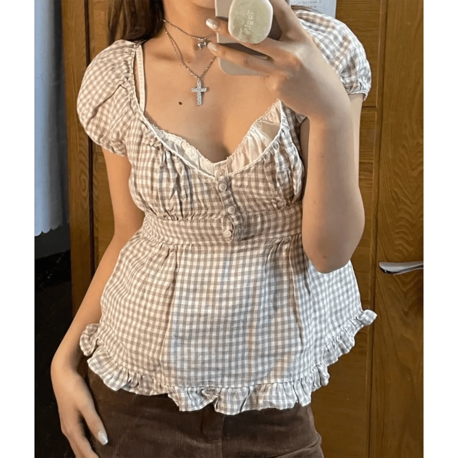 Y2K Fairy Grunge Crop Top For Women Short Sleeve Lace Patchwork Low Cut T-Shirt Aesthetic Slim Fit Cute Babydoll Top Tees Vintage Fairy Grunge T-Shirt Aesthetic Harajuku 90s Streetwear - 棕色 - 查看 1