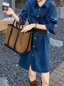 Damen Lässig Elegant Allround-Einsetzbar Einfarbig Jeans-Optik Hemdkragen Ärmellos Gürtelkleid mit langem Ärmel