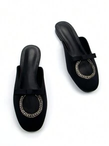 Giày lười mũi vuông đính đá giả kim cương giả thanh lịch trang trí nơ cho nữ mùa thu/đông, chất liệu Lycra đen, giày bệt mũi vuông thoải mái thời trang cho trang phục hàng ngày và dự tiệc - màu đen - Xem 3