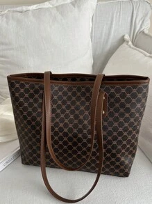 1pc Women Khaki PU Zipper Jacquard Pattern Tote Bag, Large Capacity Minimalist Printed Rivet Design Shoulder Handbag, Versatile - Coffee Brown - View 5