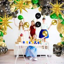 139 个深绿色黑金色气球花环拱门套件，含 3 个星形气球，绿色黑金色乳胶金属五彩纸屑气球，适用于周年丛林生日毕业派对装饰 - E - 查看 5