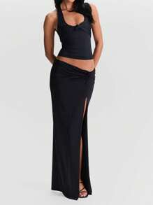 Womens Stylish Halter Neck Camisole Tops Summer Sleeveless Solid Hue Knot-Front Elegant Blouses Dressy Shirt Tops