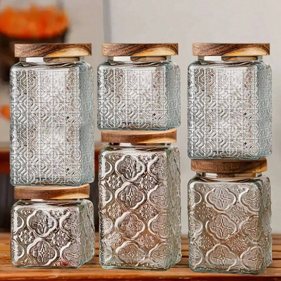 3 Piece Nordic Style Vintage Glass Storage Jar Set, Begonia-Pattern And Sunflower, Versatile Square Clamshell, Reusable, Safe To Transport, Suitable For Kitchen And Home Snacks And Grain Tea, Coffee Beans, Sugar, Confectionery, Biscuits, Spices - Trong sáng - Xem 1