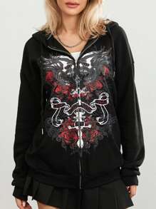 Women Y2K Zip Up Hoodies Grunge Graphic Oversized Jacket Goth Aesthetic Vintage Hooded Sweatshirt Teen Girls Harajuku Emo Clothes Streetwear