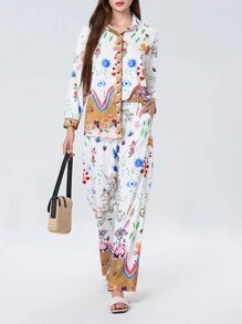 Women 2 Piece Casual Set, Printed Long Sleeve Button Down Shirt Elastic Waist Wide Legs Pants With Pockets - Khaki - View 2