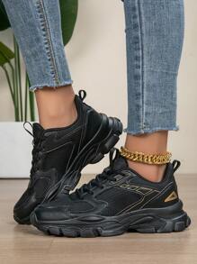 Women's Black Spring/Summer Fashion Round Toe Lace-Up Breathable Mesh & Leather Shoes, Comfortable Soft Bottom Thick Sole Casual Sneakers - Black - View 4