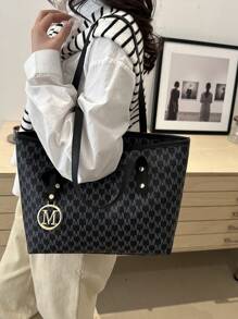 欧美跨境个性大容量字母简约印花托特包新款女士菱格通勤单肩包 - 黑色 - 查看 5