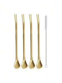 2/4/6 buah Sedotan Berulir Stainless Steel yang Dapat Dilepas & 1/2 Sikat Pembersih, Cocok untuk Teh Bunga, Saringan Jus & Peralatan Dapur, Acara Minum Teh Sore, Perlengkapan Sekolah - Emas - View 9