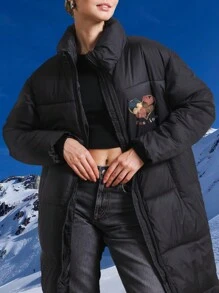 Piumino lungo laccato Lelayla-Invernale da donna, ispessito e caldo, con cappuccio a maniche lunghe per la stagione fredda, stampa con motivi geometrici di lettere artistiche in stile coreano classico - nero - Visualizzare 5