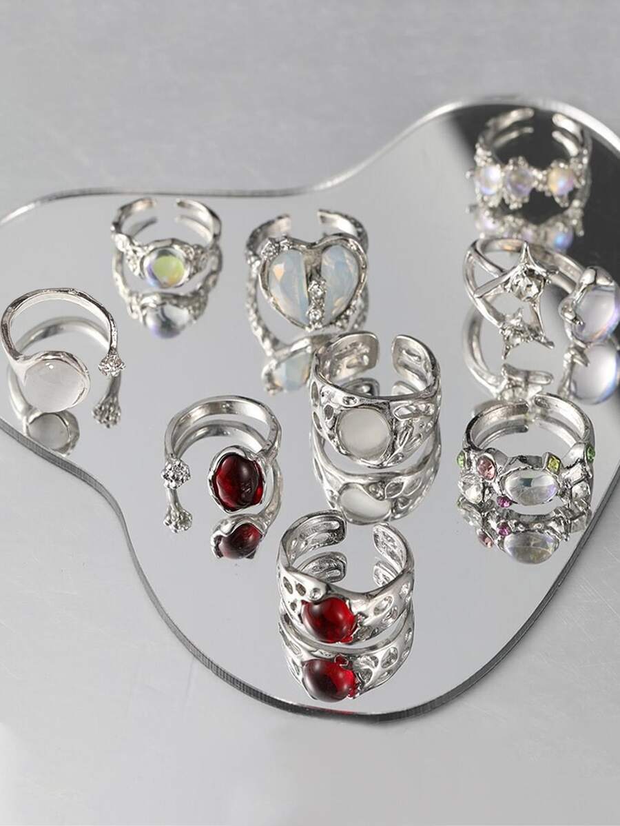 9Pcs Y2K Crystal Rings Kpop Heart Adjustable Ring Asymmetric Geometry Punk Vintage Rings Set For Women Girls New Fashion Jewelry