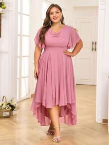 Plus Size Ruffle Sleeve Elegant Midi Dress Ladies Weddings Party Gown Swing Dress - hồng - Xem 6