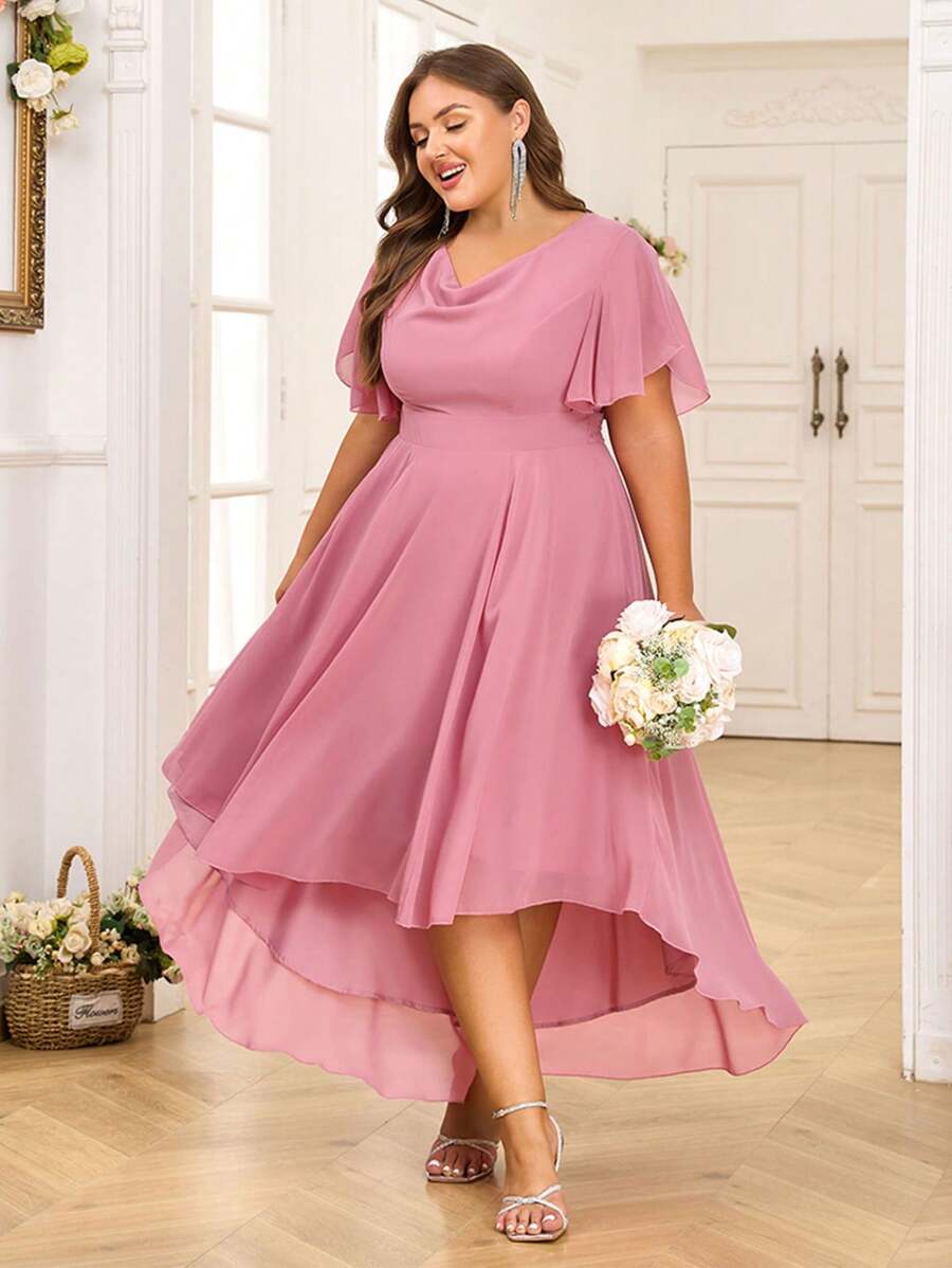 Plus Size Ruffle Sleeve Elegant Midi Dress Ladies Weddings Party Gown Swing Dress - hồng - Xem 1