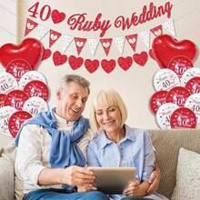 Ruby Wedding Decorations, 40th Wedding Anniversary Decorations 40 Ruby Wedding Banner Happy 40th Anniversary Balloons Red White Balloons Heart Balloons 40 Ruby Wedding Cake Topper