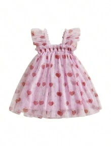 Adorable Toddler Girls Valentines Day Dress - Casual Summer Heart/Letter/Bow Print Mesh Tulle Dress Perfect For Beach Party Cute Clothes - 粉色 - 查看 3