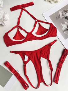 Fringe Satin Exposed Bust Sexy Open Collar Lingerie Set (Excluding Gloves), For Going Out Celebration - Red - View 3