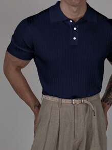 Men's Soft Texture Sports Casual Polo Collar Short Sleeve Pit Strip Texture Casual Sweater