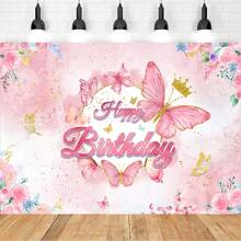 Pink Butterfly & Floral Crown Design Photo Backdrop Banner, Polyester Fairy Tale Themed Birthday Party Decorations, Suitable For Cake Table, Studio Background - 1pc - View 2