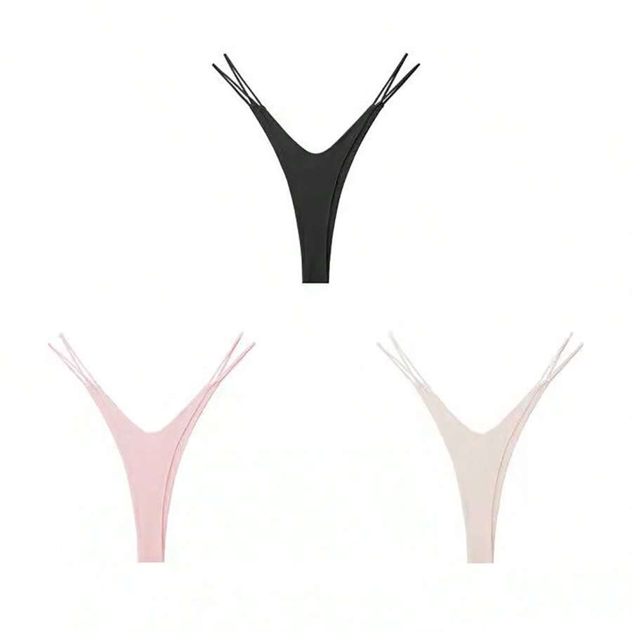 3 Pack Micro Thong Cotton G String V String Seamless Sexy High Waisted For Women (Nude/Black/Pink) - đen/mơ/hồng - Xem 1