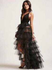 1pc Women's Black & White Flowy Mesh Pleated High Waist Skirt, Party Gothic Steampunk Cocktail Dress, Autumn - Multicolor - View 6