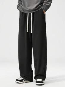 Plus Size Straight Leg Black Knit Casual Pants, Suitable For Spring And Summer