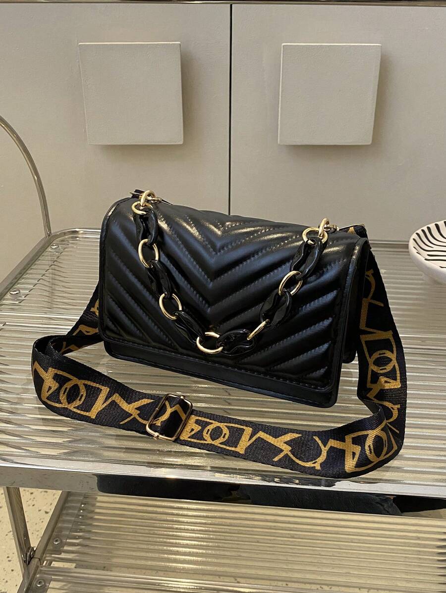 Women's Fashionable Wide Strap Acrylic Chain Small Square Crossbody Bag, Minimalist Design, Versatile For Work & Daily Use - Black - View 1