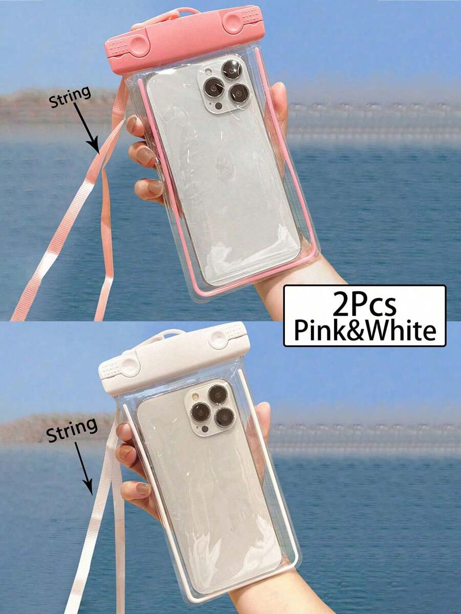 2 件粉色和白色夜光防水手机袋、手机防水袋、游泳外卖挂脖手机袋、荧光手机袋、户外运动游泳漂浮气囊水下摄影手机壳、手机防水袋、手机袋沙滩手机袋适用于 14 13 12 等手机（粉色和白色） - 彩色 - 查看 1