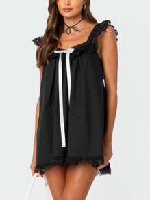 Women Summer Casual Mini Dress Lace Trim Fly Sleeve Bowknot Embellished Short Dress - màu đen - Xem 3