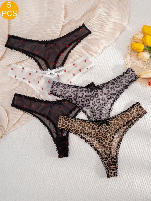 5 pièces/Paquet Femmes Couleur Unie, Fraise, Imprimé Léopard, Sous-vêtements String Confortables Décoration nœud