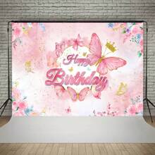 Pink Butterfly & Floral Crown Design Photo Backdrop Banner, Polyester Fairy Tale Themed Birthday Party Decorations, Suitable For Cake Table, Studio Background - 1pc - View 6
