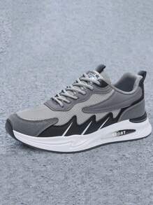 Mens Anti-Slip Cushioning Thick Sole Low Top Casual Trainers, Outdoor Breathable Mesh Lightweight Running Trainers, Versatile Round Toe Lace Up Soft Sole Tennis Shoes, Suitable For Walking, Hiking, Camping, Work, Travel, Daily. - 灰色 - 查看 2