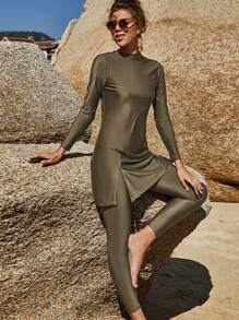 VFJ Modest High Neck Long Sleeve Burkini For Women, Casual High Waist Swimsuit With Zipper Detail And High Stretch Fabric - Army Green - View 3