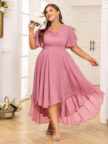 Plus Size Ruffle Sleeve Elegant Midi Dress Ladies Weddings Party Gown Swing Dress - hồng - Xem 3
