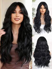 时尚蝴蝶发型合成假发 26 英寸自然黑色卷曲波浪假发 合成中分假发 女士女孩无蕾丝合成假发 音乐节 - 自然黑 - 查看 4