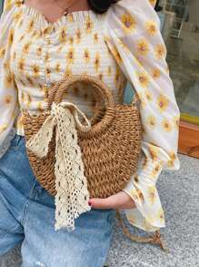 1 Peça Bolsa de Palha Trançada de Cor Sólida, Estilo Boêmio da Moda, Decorada com Fitas, Alças Redondas, Bolsa Feminina para Praia, Adequada para Viagens e Férias Casuais, Pode Ser Facilmente Combinada com Looks Simples, Também Adequada para Lazer e Compras ao Ar Livre, Ideal para Férias na Praia, e um Item Essencial para Férias. - Caqui - Visão 5