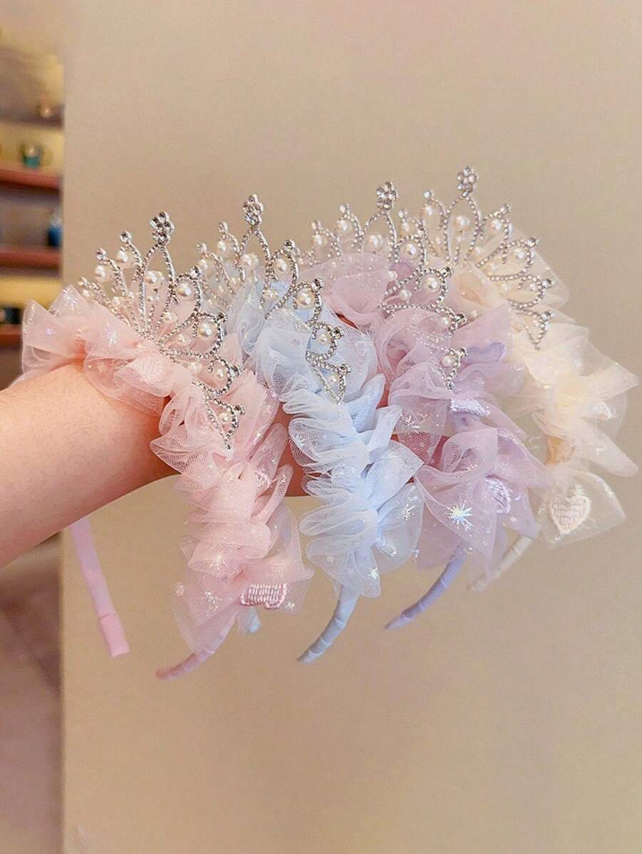 4件/3件/2件/1件組 青少女薄紗蝴蝶結皇冠髮箍套組，生日皇冠、拍照道具、髮夾表演配件，公主防滑刺繡珍珠蕾絲髮箍，適合青少年的理想禮物